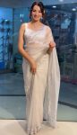 ATTRACTIVE TISSUE TWEEL NET DIAMOND  CUT AND PANEL WORK SAREE WITH UNSTITCHED BLOUSE WHITE