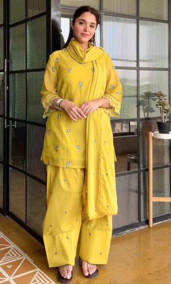 BOLLY WOOD SATIN MUL CHANDHERI EMBROIDERY WORK TOP BOTTOM WITH DUPATTA YELLOW