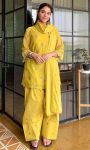 BOLLY WOOD SATIN MUL CHANDHERI EMBROIDERY WORK TOP BOTTOM WITH DUPATTA YELLOW