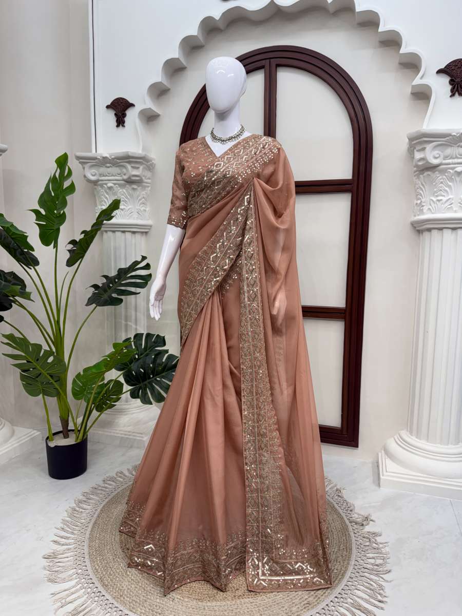 BOLLYWOOD TIBBY SILK INTRICATE THRED WITH SEQUNCE WORK SAREE WITH UNSTITCHED BLOUSE WEDDING WEAR WHOLESALE PRICE ETHNIC GARMENT (8)