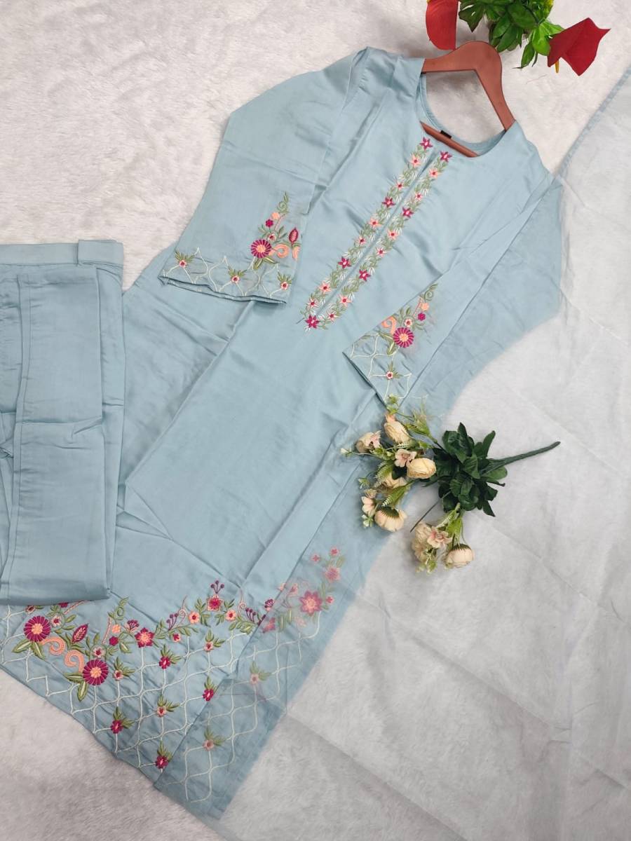DESIGNER CHANDERI COTTON EMBROIDERY SEQUENCE WORK TOP BOTTOM WITH DUPATTA FESTIVE WEAR WHOLESALE PRICE ETHNIC GARMENT (11)