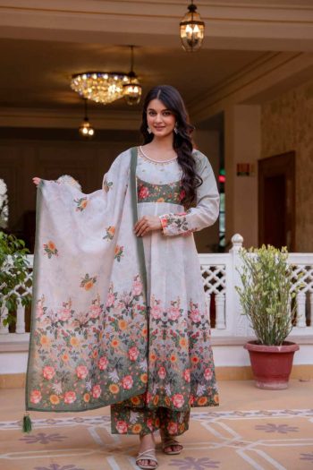 DESIGNER CHANDERI DIGITAL PRINT WITH HAND WORK GOWN PALAZZO WITH DUPATTA GREY