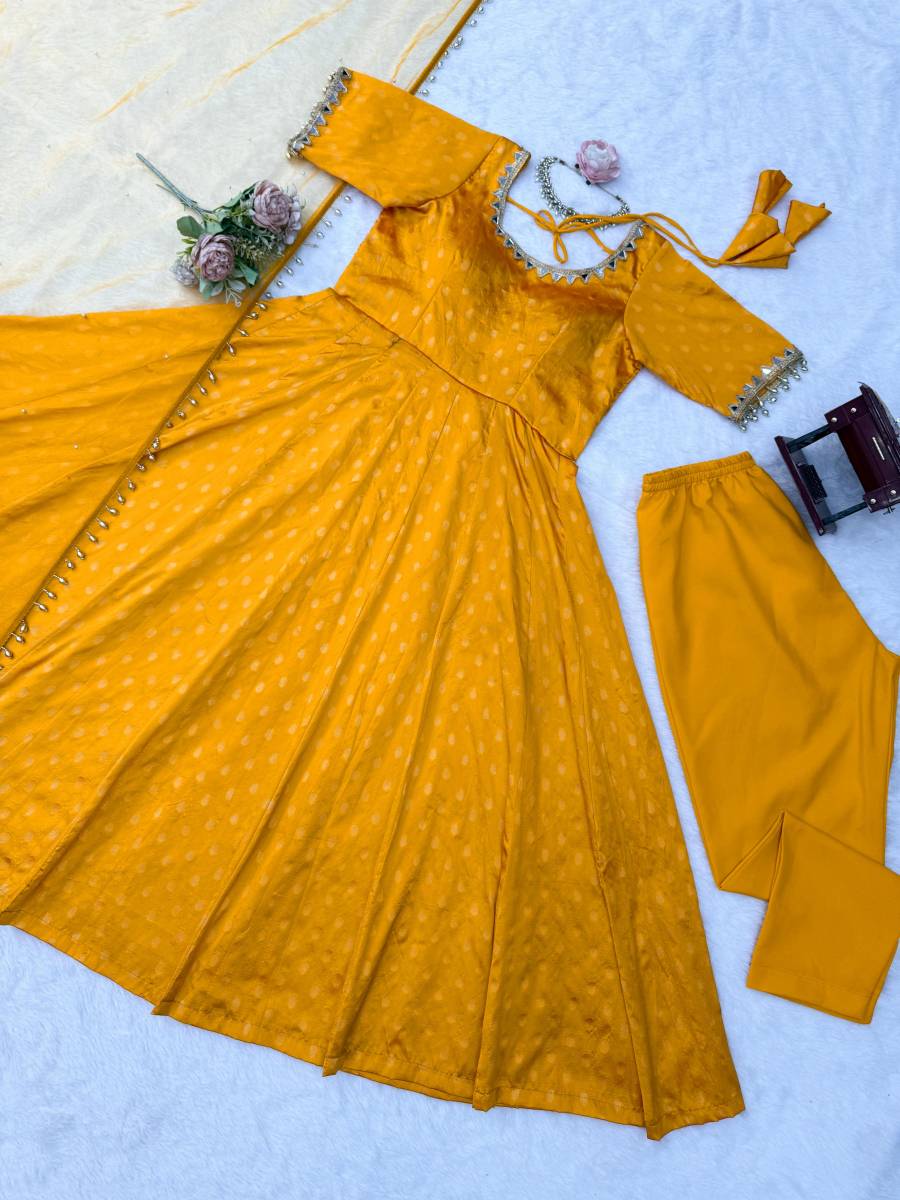 DESIGNER CHANDERI JACQUARD BUTTI REAL MIRROR WITH FANCY LACE WORK GOWN BOTTOM WITH DUPATTA FESTIVE WEAR WHOLESALE PRICE ETHNIC GARMENT (10)