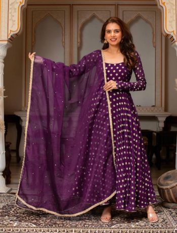 DESIGNER CHANDERI JACQUARD BUTTI REAL MIRROR WITH FANCY LACE WORK GOWN BOTTOM WITH DUPATTA PURPLE