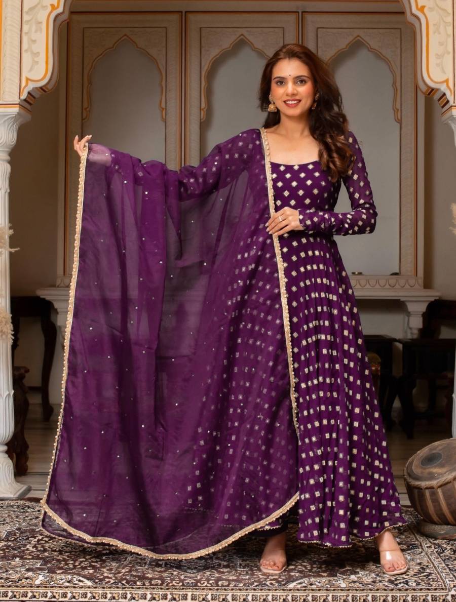 DESIGNER CHANDERI JACQUARD BUTTI REAL MIRROR WITH FANCY LACE WORK GOWN BOTTOM WITH DUPATTA FESTIVE WEAR WHOLESALE PRICE ETHNIC GARMENT (2)