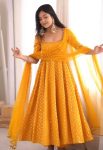 DESIGNER CHANDERI JACQUARD BUTTI REAL MIRROR WITH FANCY LACE WORK GOWN BOTTOM WITH DUPATTA FESTIVE WEAR WHOLESALE PRICE ETHNIC GARMENT (3)