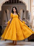 DESIGNER CHANDERI JACQUARD BUTTI REAL MIRROR WITH FANCY LACE WORK GOWN BOTTOM WITH DUPATTA YELLOW
