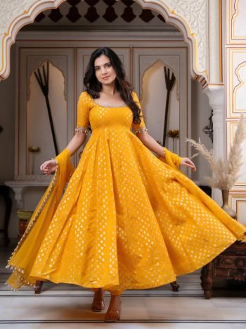DESIGNER CHANDERI JACQUARD BUTTI REAL MIRROR WITH FANCY LACE WORK GOWN BOTTOM WITH DUPATTA YELLOW