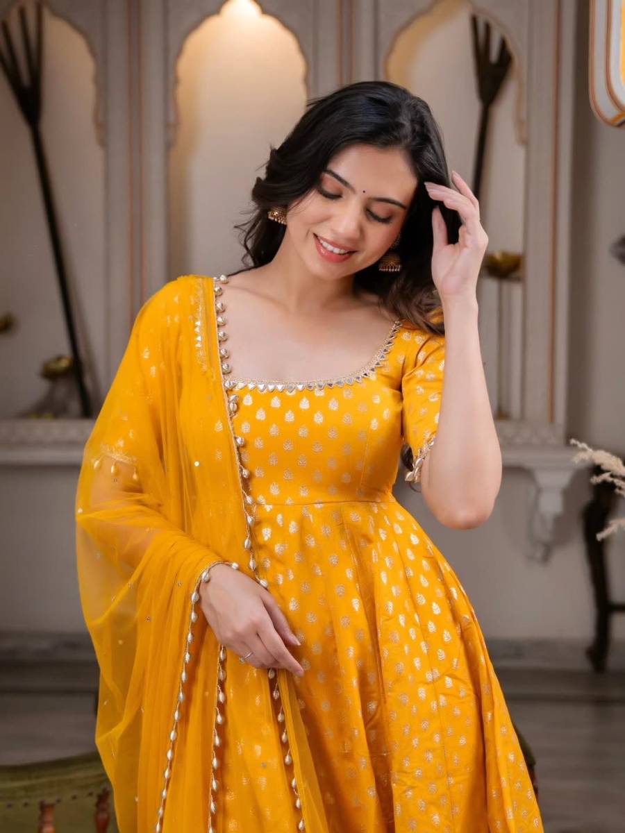 DESIGNER CHANDERI JACQUARD BUTTI REAL MIRROR WITH FANCY LACE WORK GOWN BOTTOM WITH DUPATTA FESTIVE WEAR WHOLESALE PRICE ETHNIC GARMENT (4)