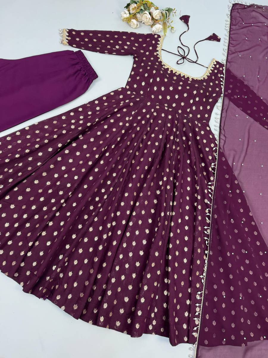 DESIGNER CHANDERI JACQUARD BUTTI REAL MIRROR WITH FANCY LACE WORK GOWN BOTTOM WITH DUPATTA FESTIVE WEAR WHOLESALE PRICE ETHNIC GARMENT (6)