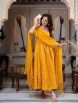DESIGNER CHANDERI JACQUARD BUTTI REAL MIRROR WITH FANCY LACE WORK GOWN BOTTOM WITH DUPATTA FESTIVE WEAR WHOLESALE PRICE ETHNIC GARMENT (3)