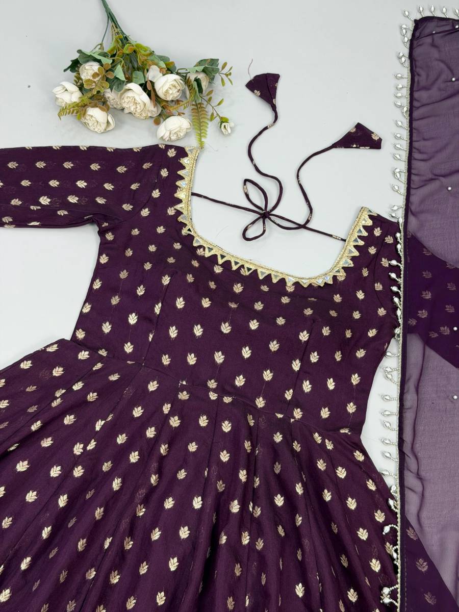 DESIGNER CHANDERI JACQUARD BUTTI REAL MIRROR WITH FANCY LACE WORK GOWN BOTTOM WITH DUPATTA FESTIVE WEAR WHOLESALE PRICE ETHNIC GARMENT (7)