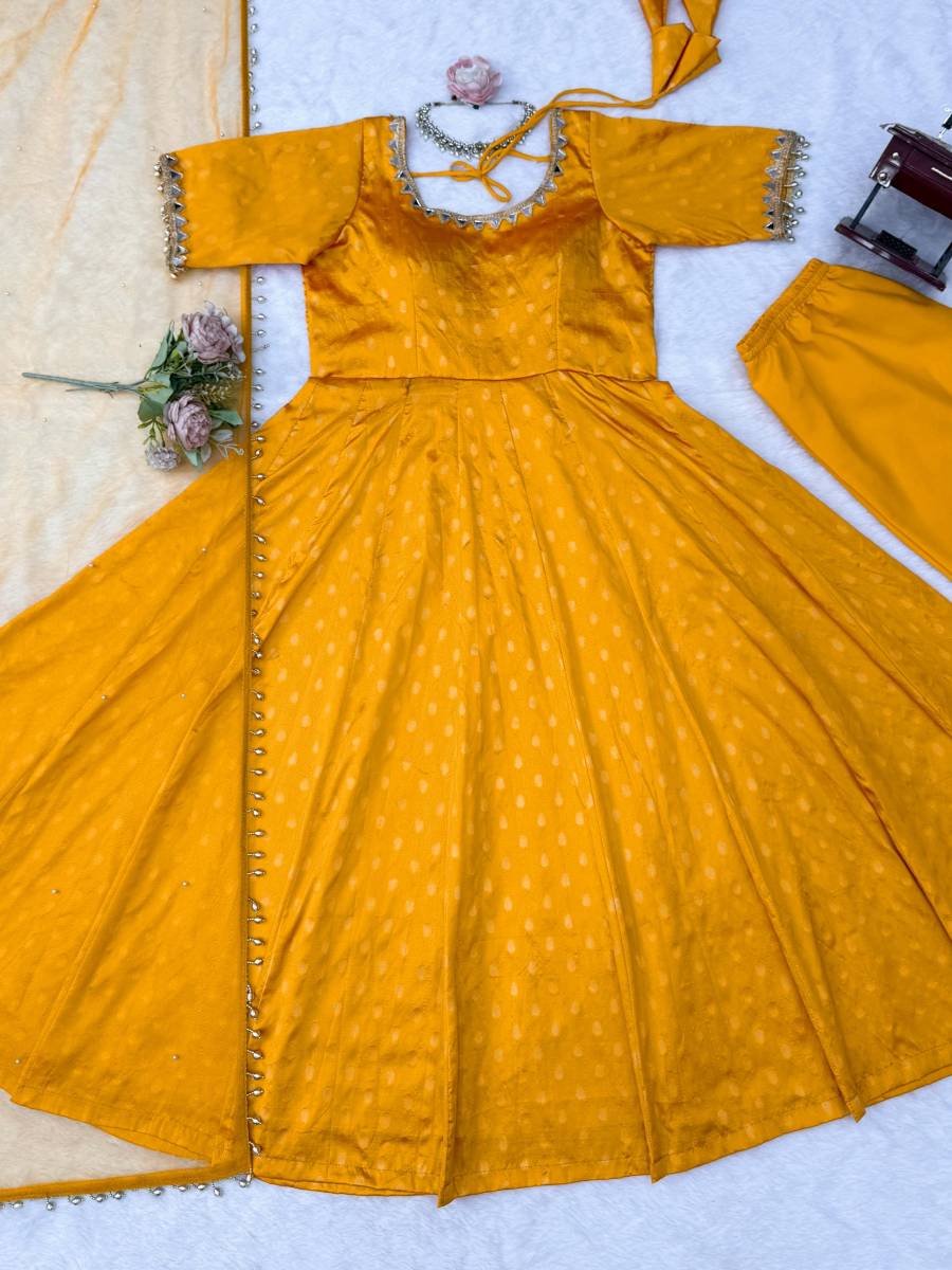 DESIGNER CHANDERI JACQUARD BUTTI REAL MIRROR WITH FANCY LACE WORK GOWN BOTTOM WITH DUPATTA FESTIVE WEAR WHOLESALE PRICE ETHNIC GARMENT (7)