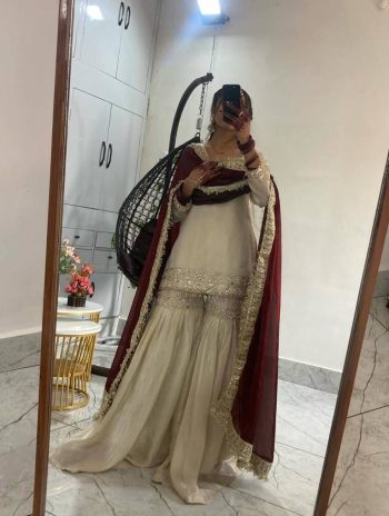 DESIGNER CHINON SEQUENCE EMBROIDERY WORK TOP SHARARA WITH DUPATTA OFF WHITE AND MAROON
