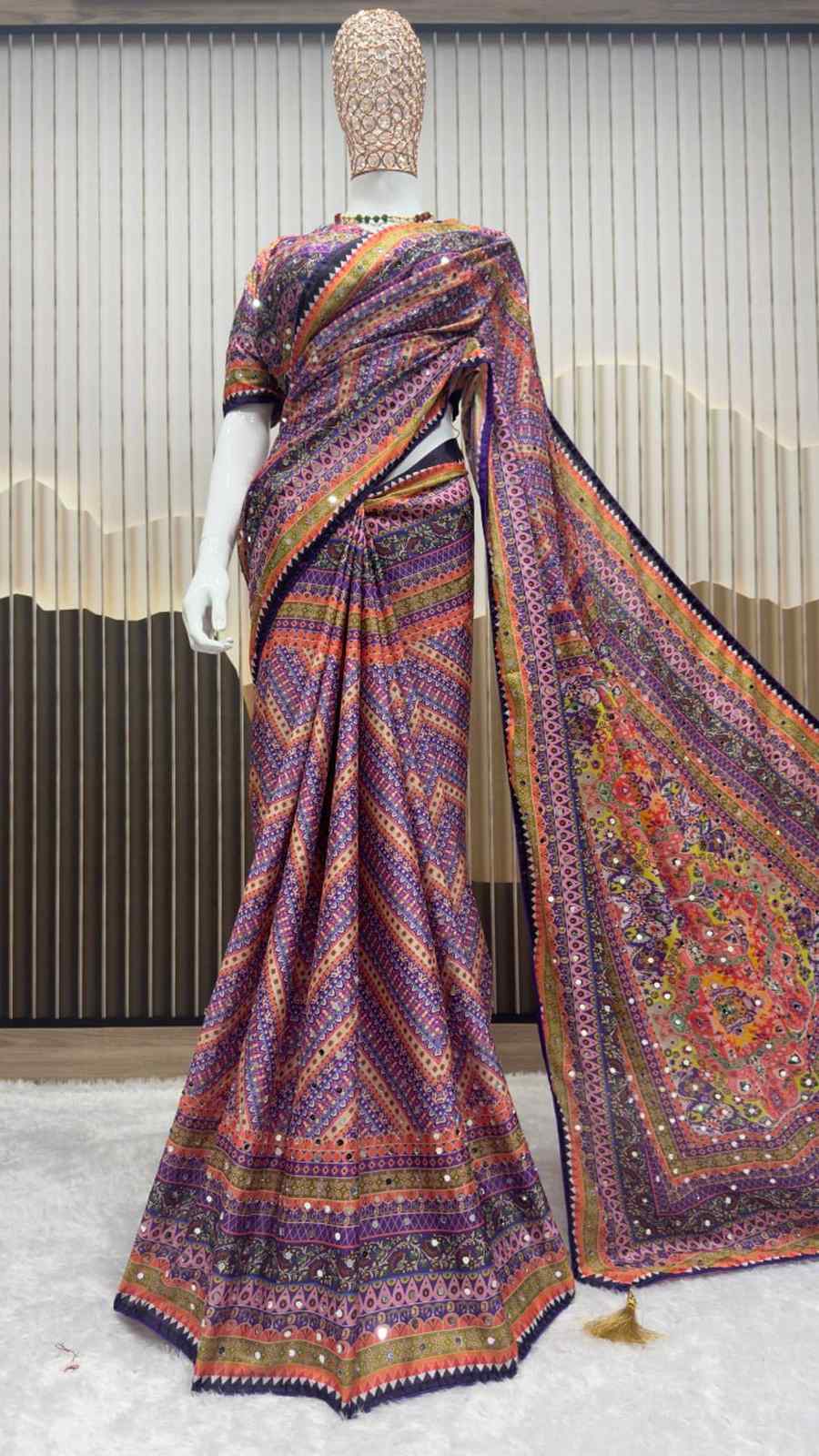 DESIGNER CHINON SILK DIGITAL PRINTED MIRROR HANDWORK, PIPING BORDER SAREE WITH UNSTITCHED BLOUSE PARTY WEAR WHOLESALE PRICE ETHNIC GARMENT (1)