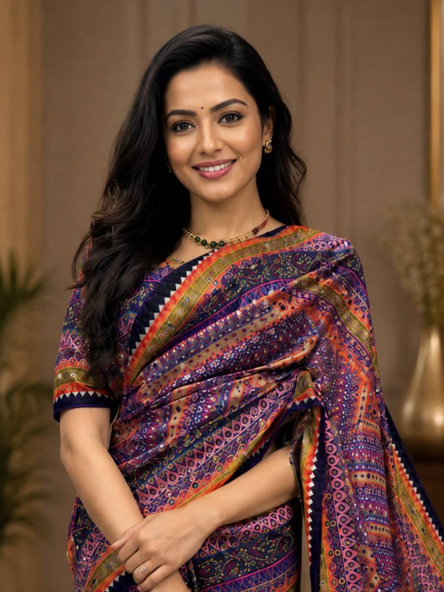 DESIGNER CHINON SILK DIGITAL PRINTED MIRROR HANDWORK, PIPING BORDER SAREE WITH UNSTITCHED BLOUSE PARTY WEAR WHOLESALE PRICE ETHNIC GARMENT (2)