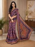 DESIGNER CHINON SILK DIGITAL PRINTED MIRROR HANDWORK, PIPING BORDER SAREE WITH UNSTITCHED BLOUSE PURPLE
