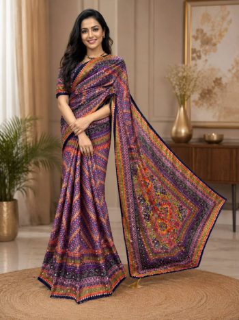 DESIGNER CHINON SILK DIGITAL PRINTED MIRROR HANDWORK, PIPING BORDER SAREE WITH UNSTITCHED BLOUSE PURPLE