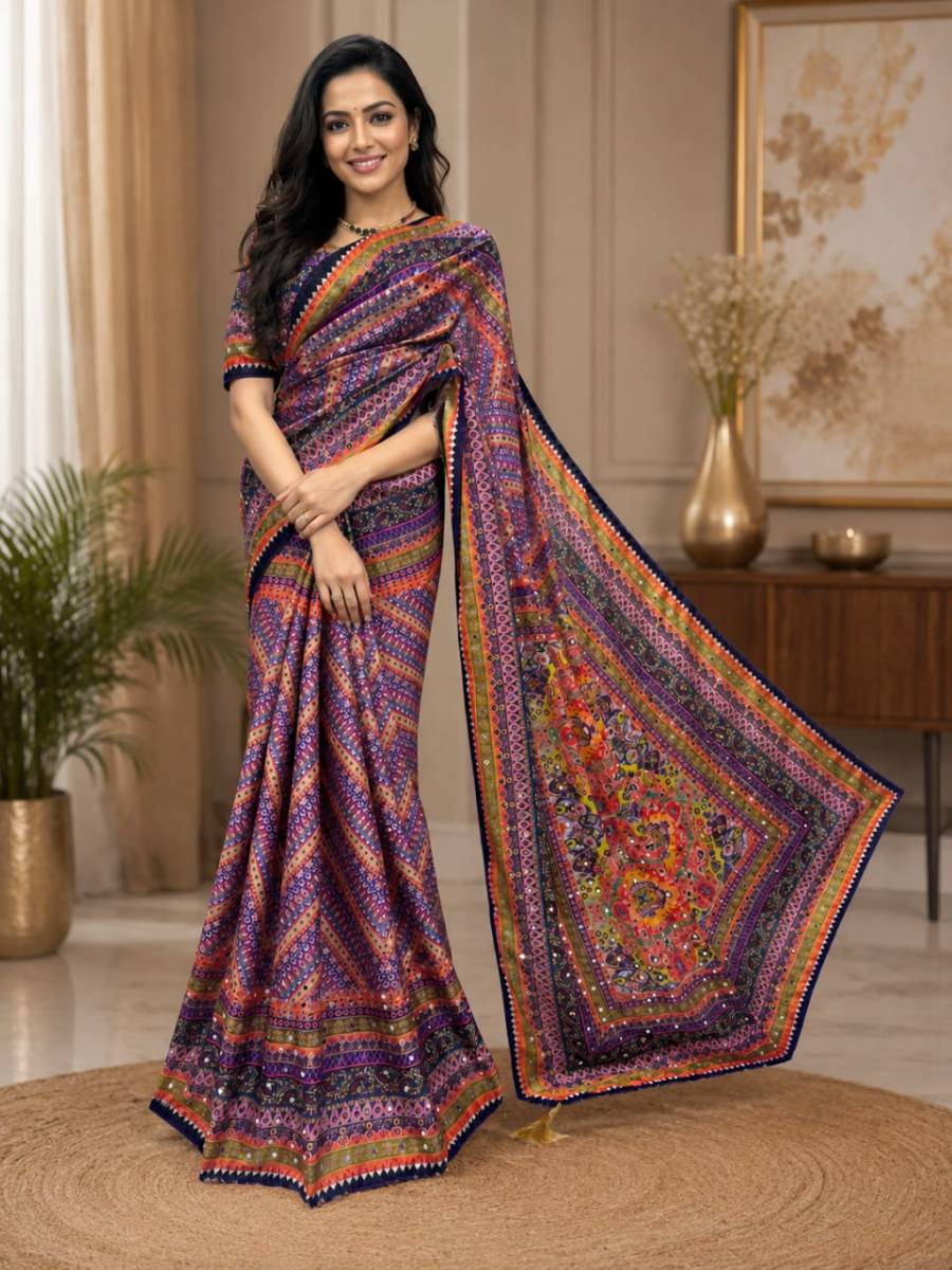 DESIGNER CHINON SILK DIGITAL PRINTED MIRROR HANDWORK, PIPING BORDER SAREE WITH UNSTITCHED BLOUSE PARTY WEAR WHOLESALE PRICE ETHNIC GARMENT (4)