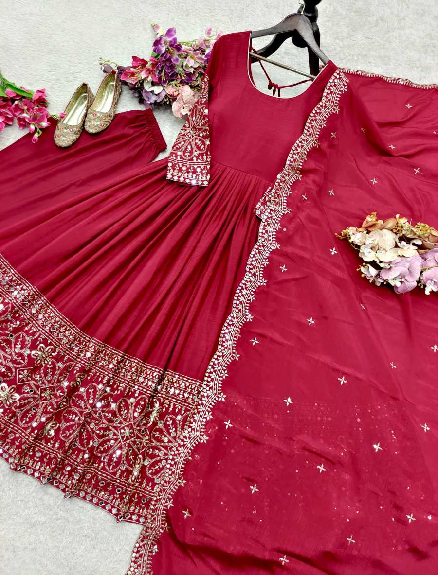 DESIGNER CHINON SILK EMBROIDERY 5 MM SEQUENCE WITH REAL MIRROR WORK GOWN BOTTOM WITH DUPATTA FESTIVE WEAR WHOLESALE PRICE ETHNIC GARMENT (1)