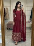 DESIGNER CHINON SILK EMBROIDERY 5 MM SEQUENCE WITH REAL MIRROR WORK GOWN BOTTOM WITH DUPATTA RED