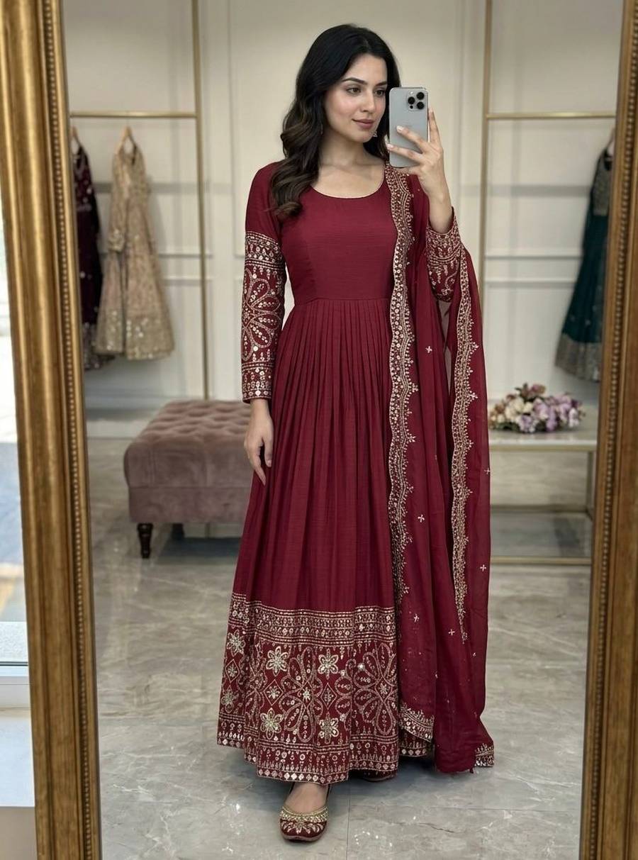 DESIGNER CHINON SILK EMBROIDERY 5 MM SEQUENCE WITH REAL MIRROR WORK GOWN BOTTOM WITH DUPATTA FESTIVE WEAR WHOLESALE PRICE ETHNIC GARMENT (4)