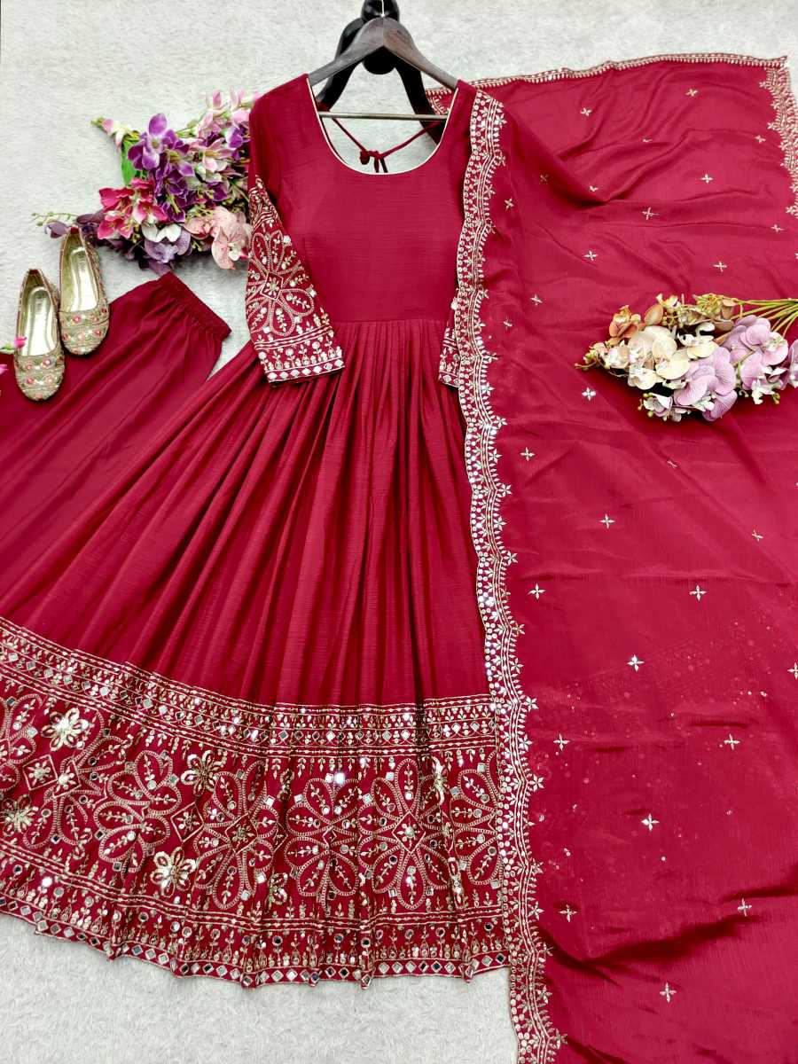 DESIGNER CHINON SILK EMBROIDERY 5 MM SEQUENCE WITH REAL MIRROR WORK GOWN BOTTOM WITH DUPATTA FESTIVE WEAR WHOLESALE PRICE ETHNIC GARMENT (7)