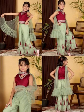 DESIGNER COTTON BLEND EMBROIDERY GOTTA PATTI LACE WORK KID'S TOP PALAZZO WITH DUPATTA PISTA AND MAROON