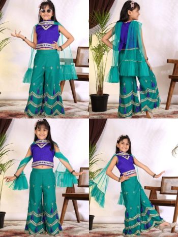 DESIGNER COTTON BLEND EMBROIDERY GOTTA PATTI LACE WORK KID'S TOP PALAZZO WITH DUPATTA RAMA AND PURPLE