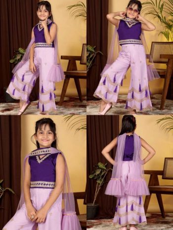 DESIGNER COTTON BLEND EMBROIDERY GOTTA PATTI LACE WORK KID'S TOP PALAZZO WITH DUPATTA LAVENDER AND PURPLE