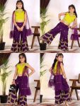 DESIGNER COTTON BLEND EMBROIDERY GOTTA PATTI LACE WORK KID'S TOP PALAZZO WITH DUPATTA PURPLE AND LEMON