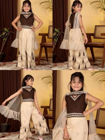 DESIGNER COTTON BLEND EMBROIDERY GOTTA PATTI LACE WORK KID'S TOP PALAZZO WITH DUPATTA BROWN AND CREAM