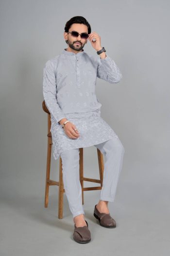 DESIGNER COTTON SILK EMBROIDERY WORK MEN'S KURTA GREY