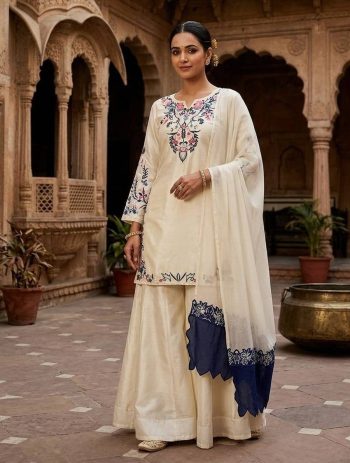 DESIGNER CRAPE SILK EMBROIDERY WORK TOP PALAZZO WITH DUPATTA OFF WHITE