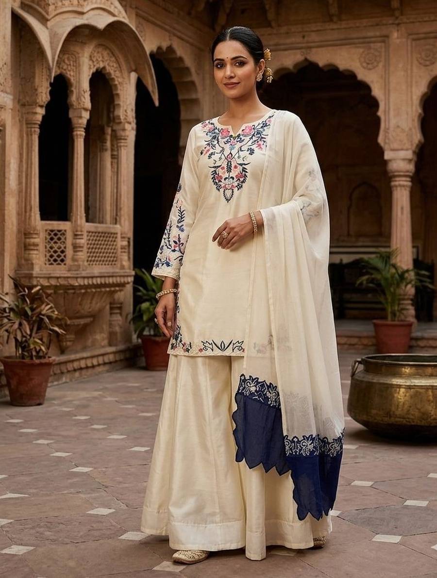 DESIGNER CRAPE SILK EMBROIDERY WORK TOP PALAZZO WITH DUPATTA FESTIVE WEAR WHOLESALE PRICE ETHNIC GARMENT (2)