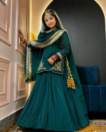 DESIGNER CREPE SILK EMBROIDERY SEQUENCE WORK KID'S TOP LEHENGA WITH DUPATTA GREEN