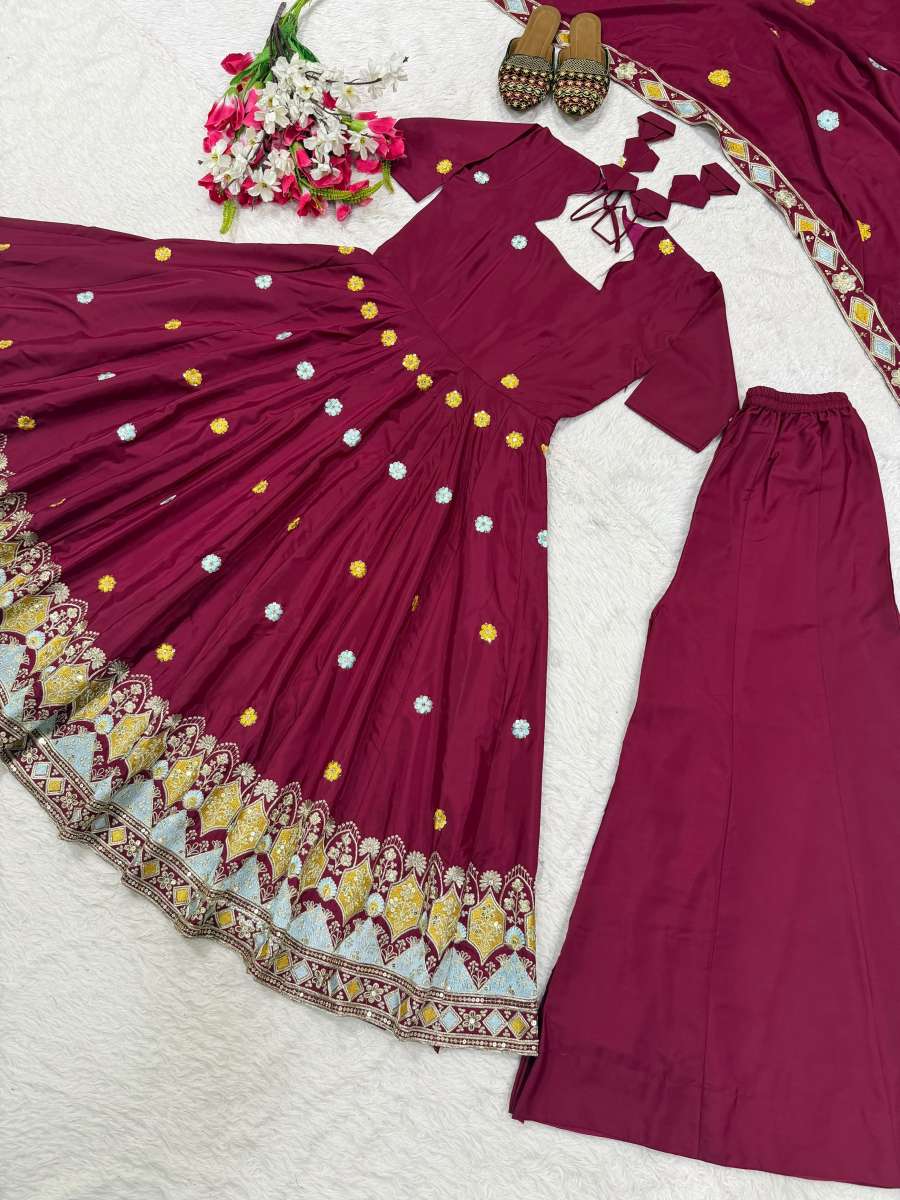 DESIGNER CREPE SILK EMBROIDERY WORK GOWN PALAZZO WITH DUPATTA WEDDING WEAR WHOLESALE PRICE ETHNIC GARMENT (11)