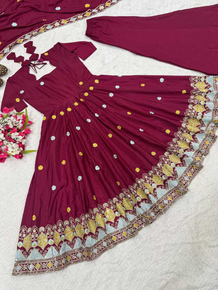 DESIGNER CREPE SILK EMBROIDERY WORK GOWN PALAZZO WITH DUPATTA WEDDING WEAR WHOLESALE PRICE ETHNIC GARMENT (12)