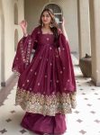 DESIGNER CREPE SILK EMBROIDERY WORK GOWN PALAZZO WITH DUPATTA WINE