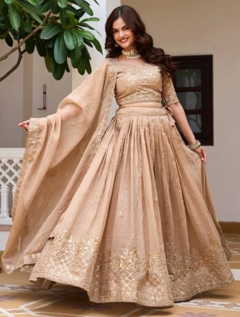 DESIGNER CRUNCHY EMBROIDERY SEQUENCE WORK LEHENGA CHOLI WITH DUPATTA CREAM
