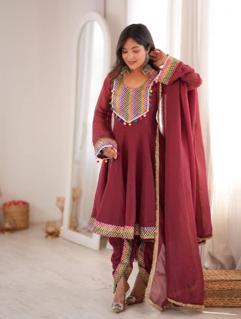 DESIGNER CRUNCHY EMBROIDERY WORK TOP DHOTI AND DUPATTA MAROON