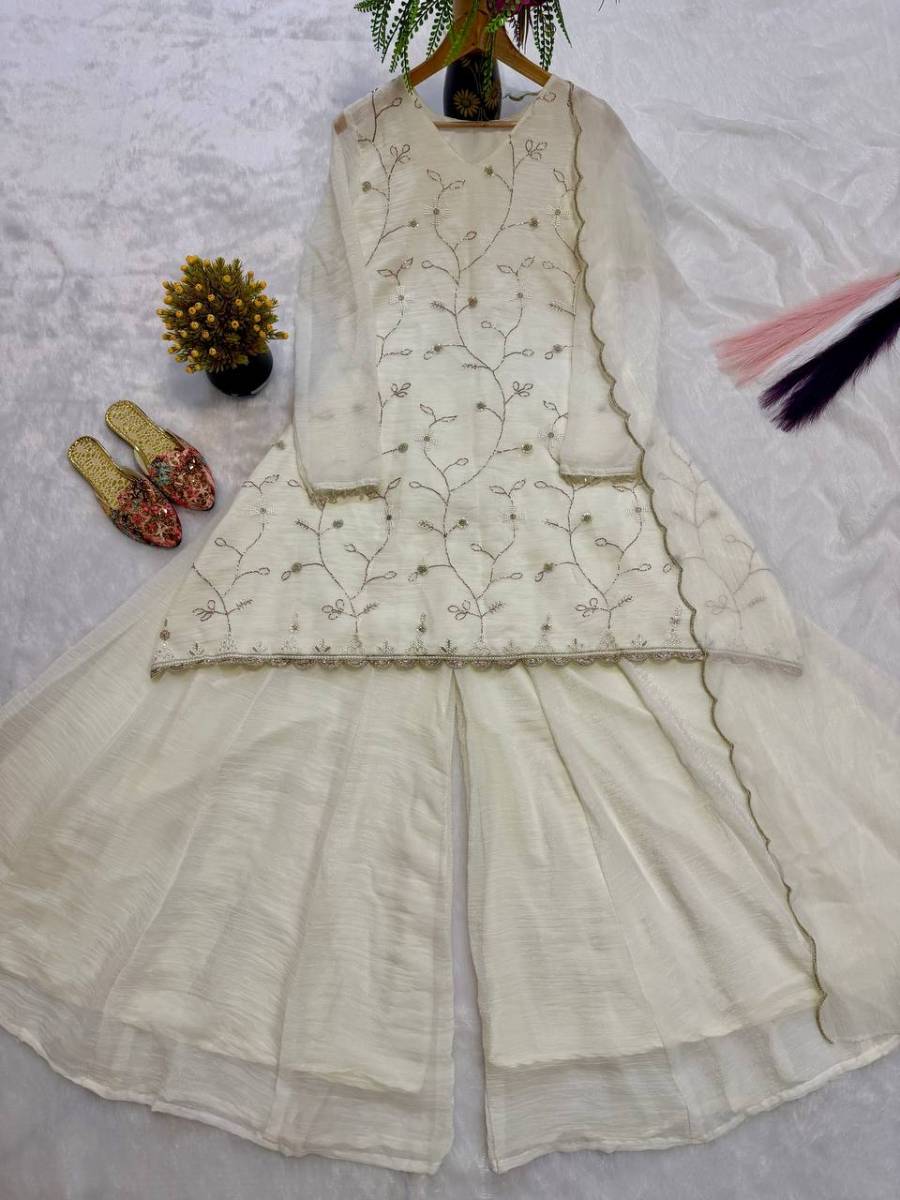 DESIGNER CRUNCHY GEORGETTE SILK MULTI EMBROIDERY AND HAND BEADS WORK TOP PALAZZO WITH DUPATTA WEDDING WEAR WHOLESALE PRICE ETHNIC GARMENT (5)