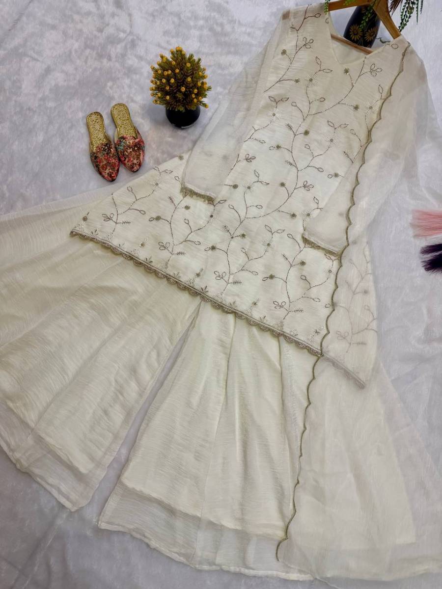 DESIGNER CRUNCHY GEORGETTE SILK MULTI EMBROIDERY AND HAND BEADS WORK TOP PALAZZO WITH DUPATTA WEDDING WEAR WHOLESALE PRICE ETHNIC GARMENT (8)