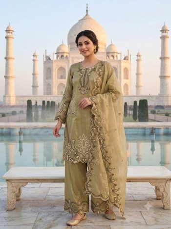 DESIGNER CRUNCHY SEQUENCE EMBROIDERY WITH CUT WORK TOP PALAZZO WITH DUPATTA KHAKI