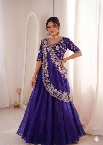 DESIGNER CRUNCHY SILK EMBROIDERY SEQUENCE WORK LEHENGA CHOLI WITH DUPATTA PURPLE