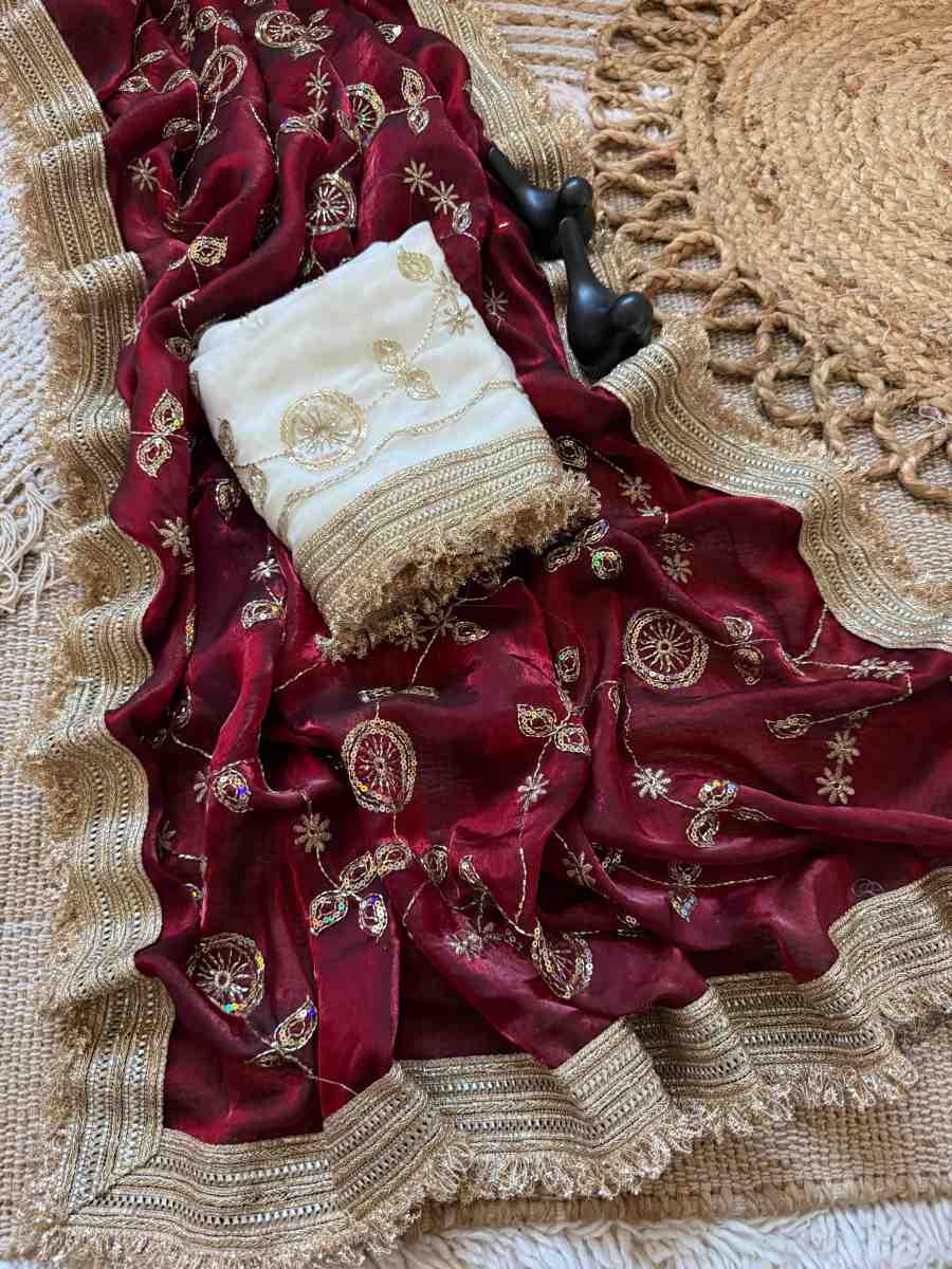 DESIGNER FANDY SATIN EMBROIDERY WORK SAREE WITH UNSTITCHED BLOUSE FESTIVAL WEAR WHOLESALE PRICE ETHNIC GARMENT (14)