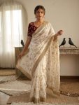 DESIGNER FANDY SATIN EMBROIDERY WORK SAREE WITH UNSTITCHED BLOUSE WHITE