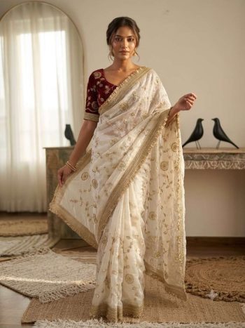 DESIGNER FANDY SATIN EMBROIDERY WORK SAREE WITH UNSTITCHED BLOUSE WHITE