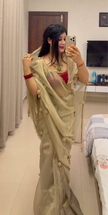 DESIGNER FANDY SATIN CRYSTAL MOTI LACE AND HANDWORK LATKAN SAREE WITH UNSTITCHED BLOUSE CREAM