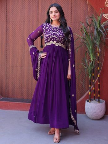 DESIGNER FAUX BLOOMING ZARI, SEQUENCE & PIPE BEADS EMBROIDERY WORK GOWN WITH DUPATTA PURPLE